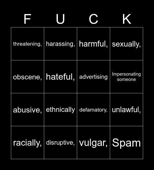 Terms of SLUR-vice Bingo Card