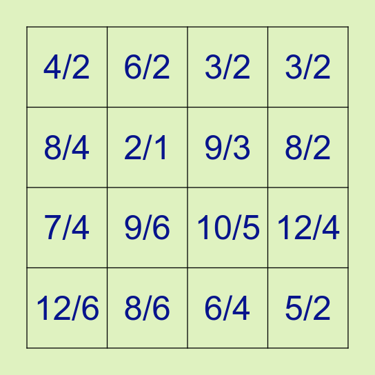 Improper Fraction Bingo Card
