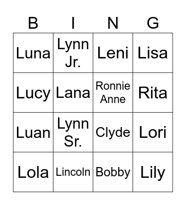 The Loud House Bingo Card
