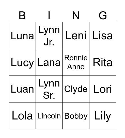 The Loud House Bingo Card