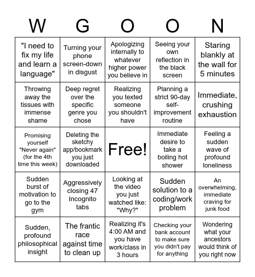 Post Nut Clarity Bingo Card