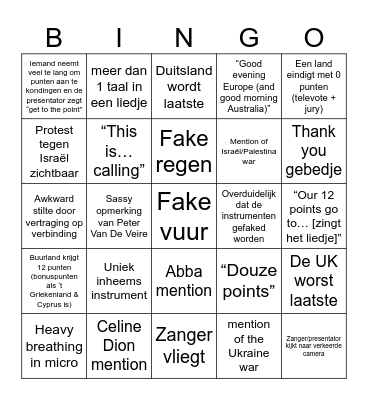 Eurovision Bingo Card