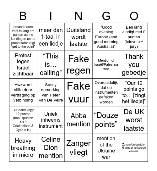 Eurovision Bingo Card