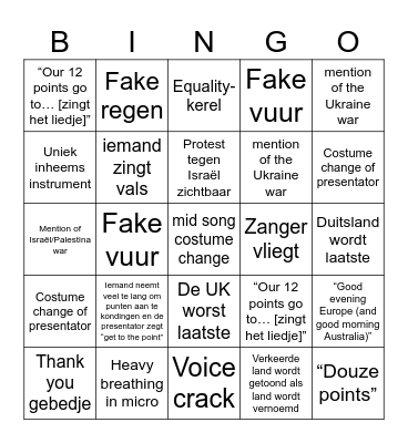 Eurovision Bingo Card