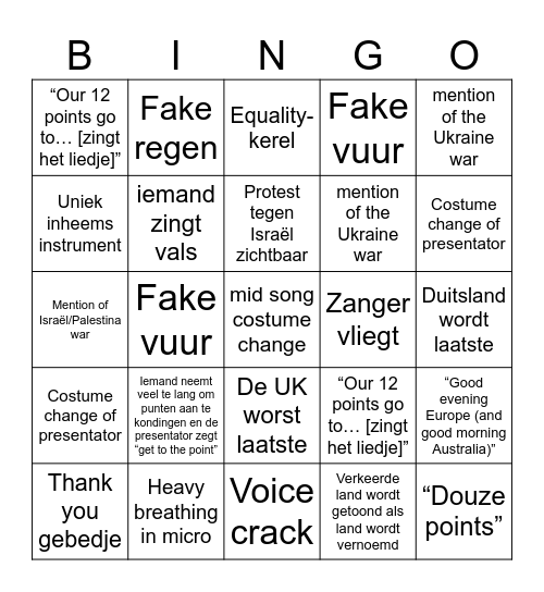 Eurovision Bingo Card