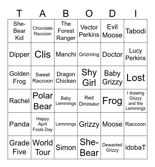 Grizzy and the Lemmings Bingo Card