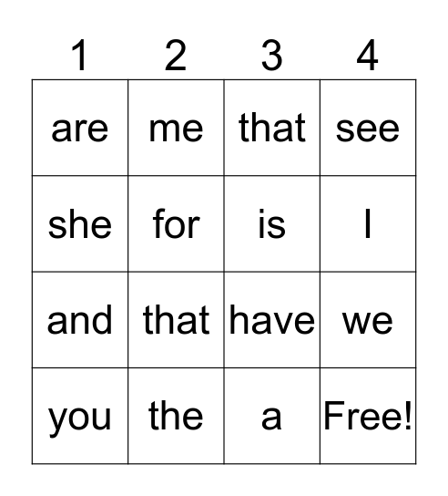 Sight Words Bingo Card