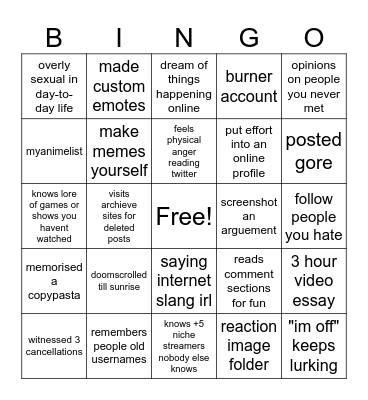 Terminally Online Bingo Card
