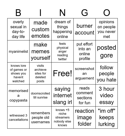 Terminally Online Bingo Card