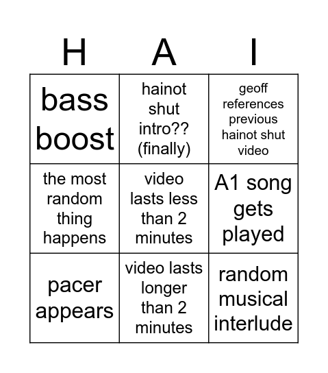 A1 bingo Card