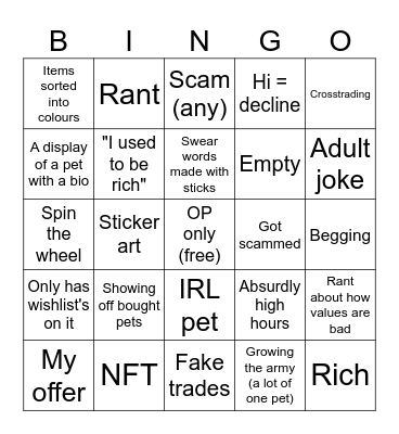 Adopt me profiles bingo Card