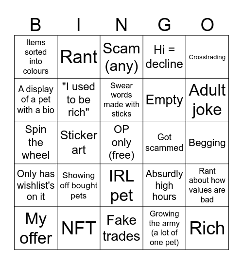 Adopt me profiles bingo Card