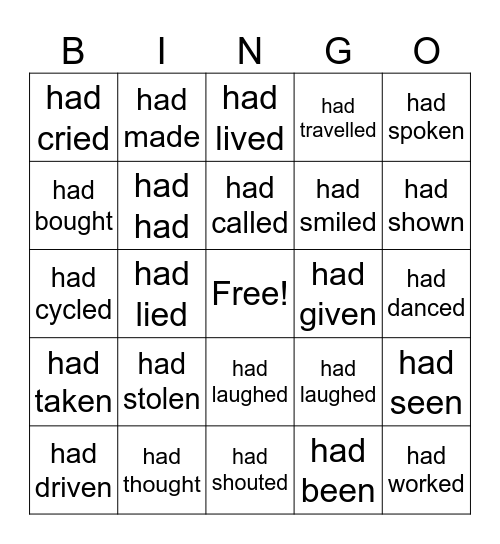 Past Perfect Bingo Card