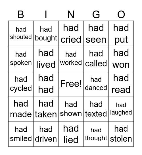 Past Perfect Bingo Card