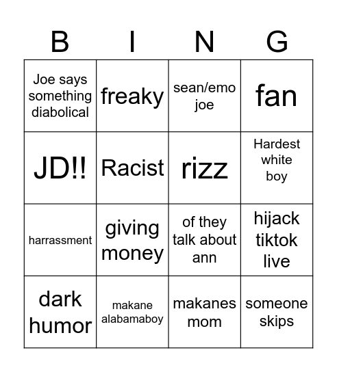 Family friendly bingo Card