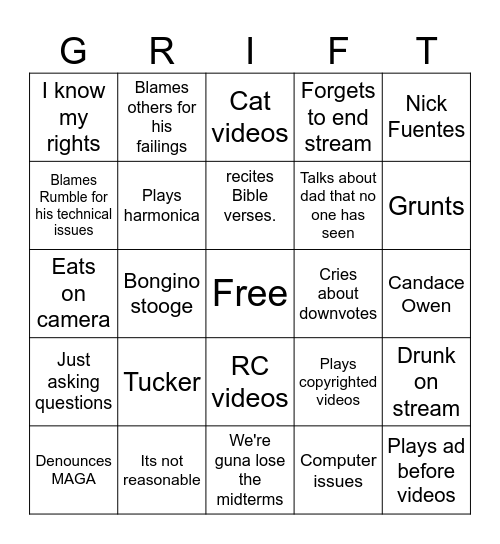 Revtard Bingo Card