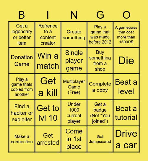 Roblox bingo Card