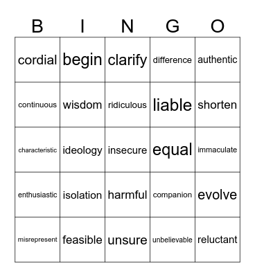 Synonym Call Board Bingo Card