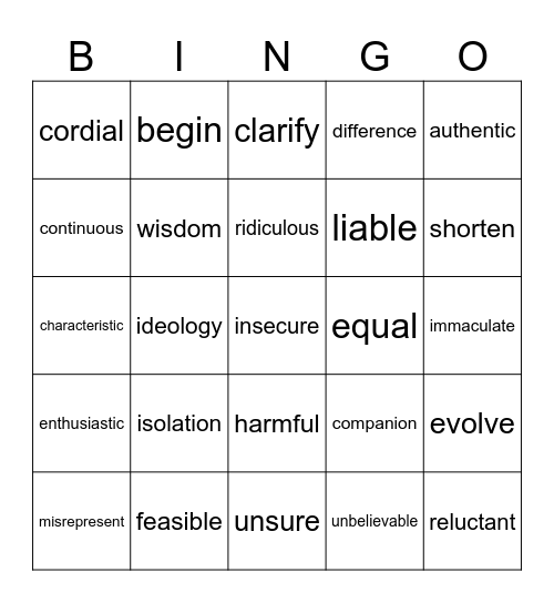 Synonym Call Board Bingo Card