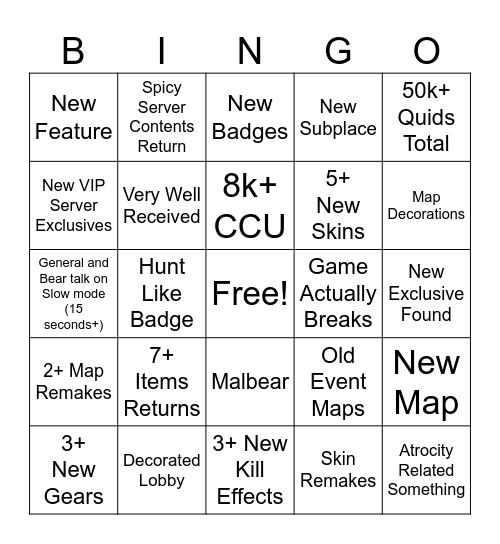 7th Anniversary Bingo Card