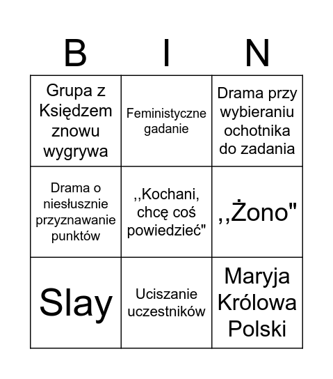 Bingo Teleturniej Żon Bingo Card