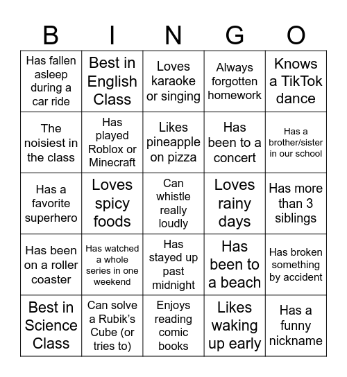 Knowing you Bingo Card