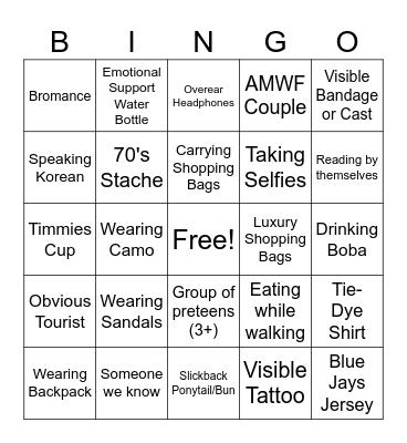 People Watching Bingo Card