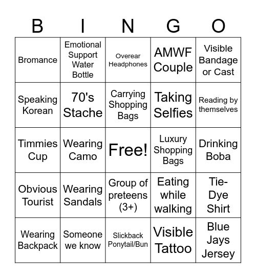 People Watching Bingo Card