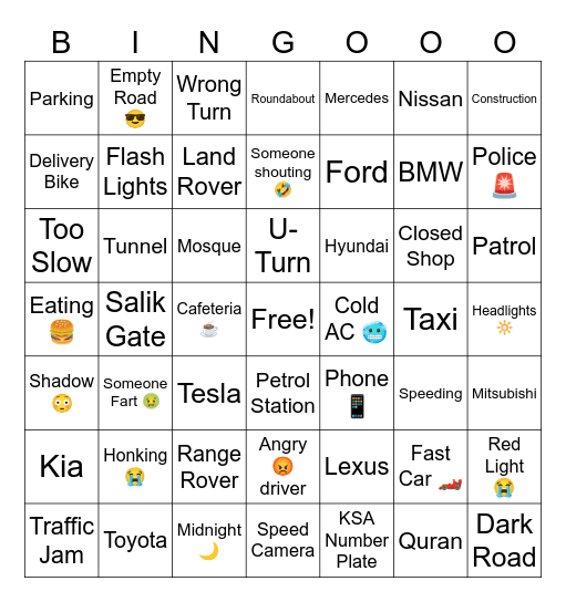 Road Trip Bingo Card