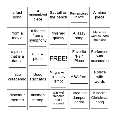 Piano Recital Bingo Card