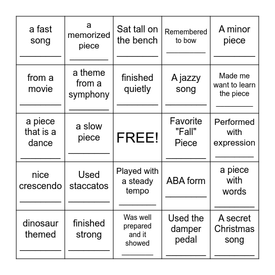 Piano Recital Bingo Card