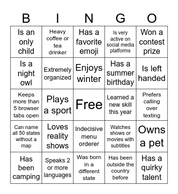 Get to Know Me Bingo Card