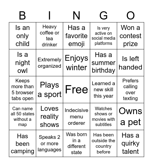 Get to Know Me Bingo Card