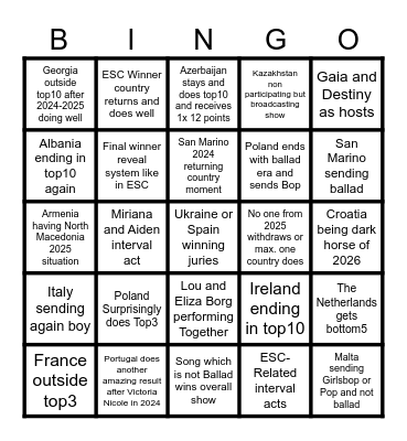 JESC 2026 Bingo Card