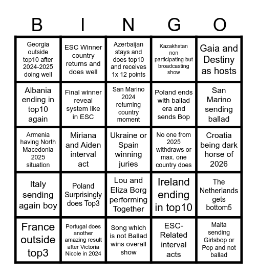 JESC 2026 Bingo Card