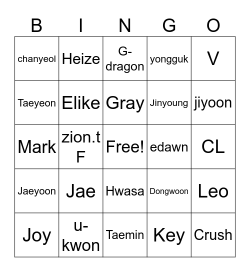 k-pop Bingo Card