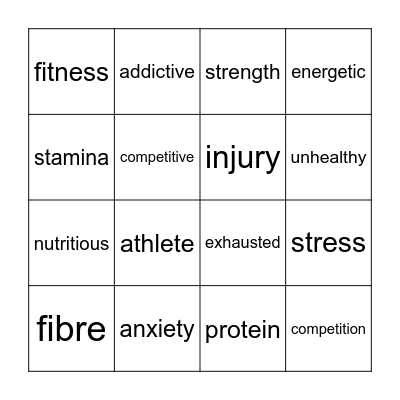 Health and sports vocabulary Bingo Card