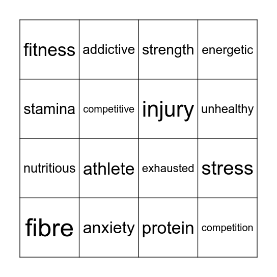 Health and sports vocabulary Bingo Card