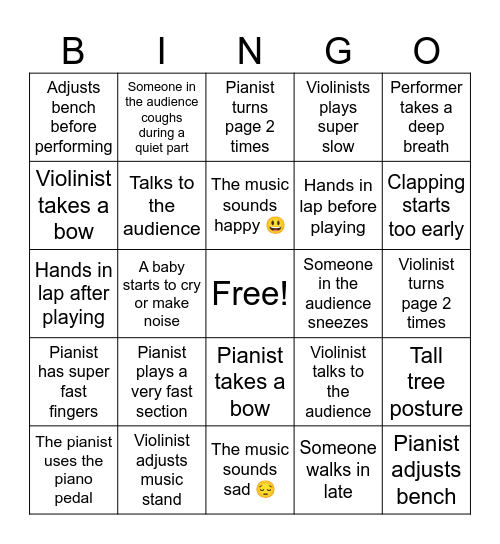 Violin and Piano Concert Bingo Card
