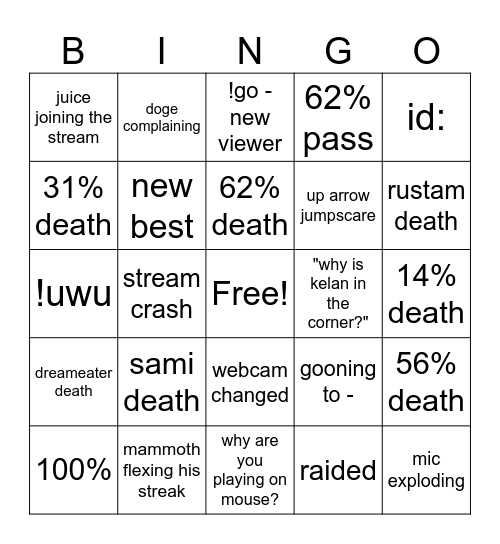 Nub Stream Bingo Card