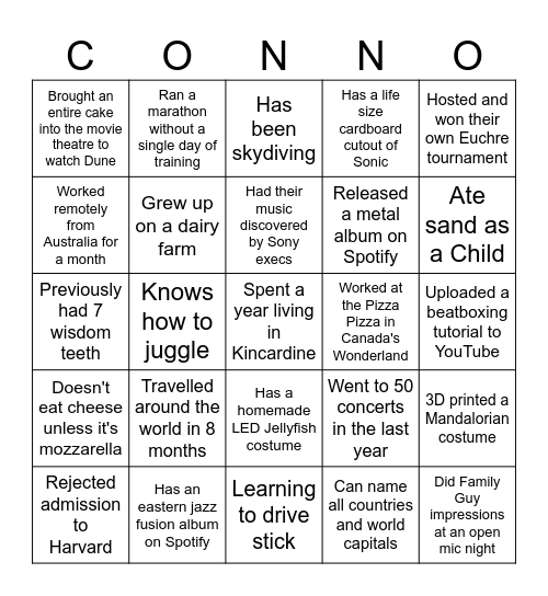 Connoparty Bingo Card