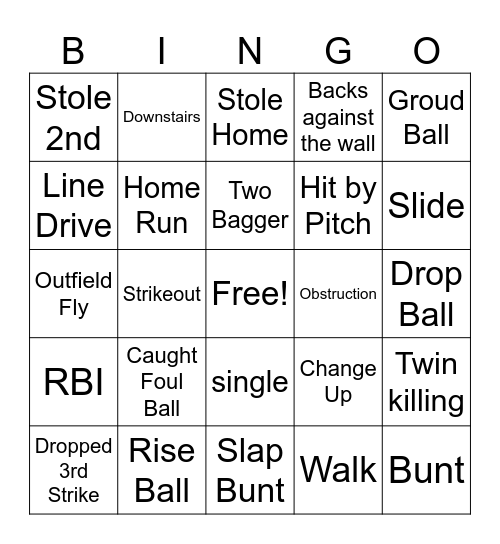 Softball Bingo Card