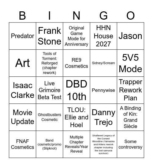 DbD 10th Anniversary Bingo Card