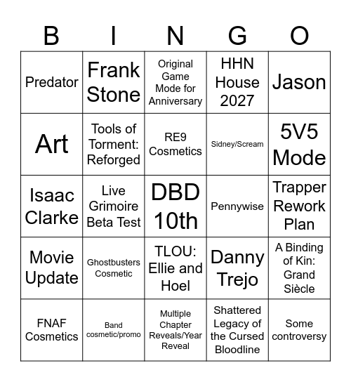 DbD 10th Anniversary Bingo Card