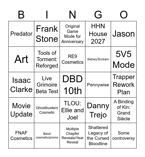 DbD 10th Anniversary Bingo Card