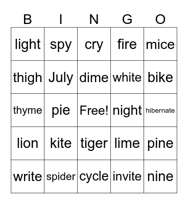 Long I spelling patterns Bingo Card