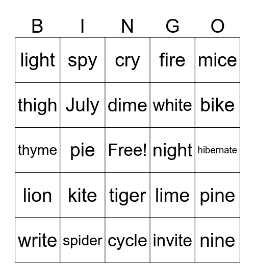 Long I spelling patterns Bingo Card