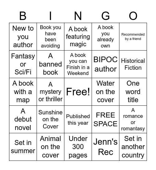 Jenn's Summer Reading Challenge Bingo Card