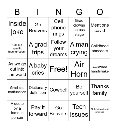 Graduation Bingo Card