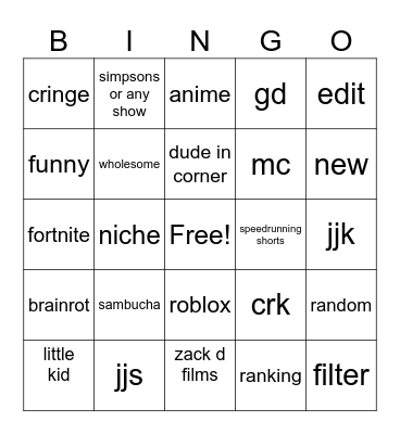yt shorts Bingo Card